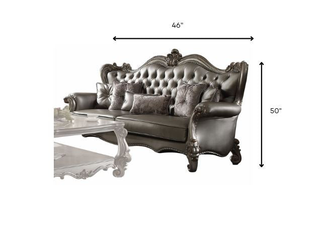 Silver PU Antique Platinum Upholstery Poly Resin Sofa w Pillows By Homeroots | Sofas | Modishstore - 3