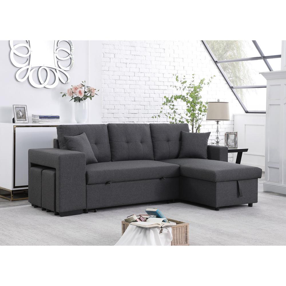 Dennis Dark Gray Linen Fabric Reversible Sleeper Sectional with Storage Chaise and 2 Stools By Lilola Home | Sofas | Modishstore-5