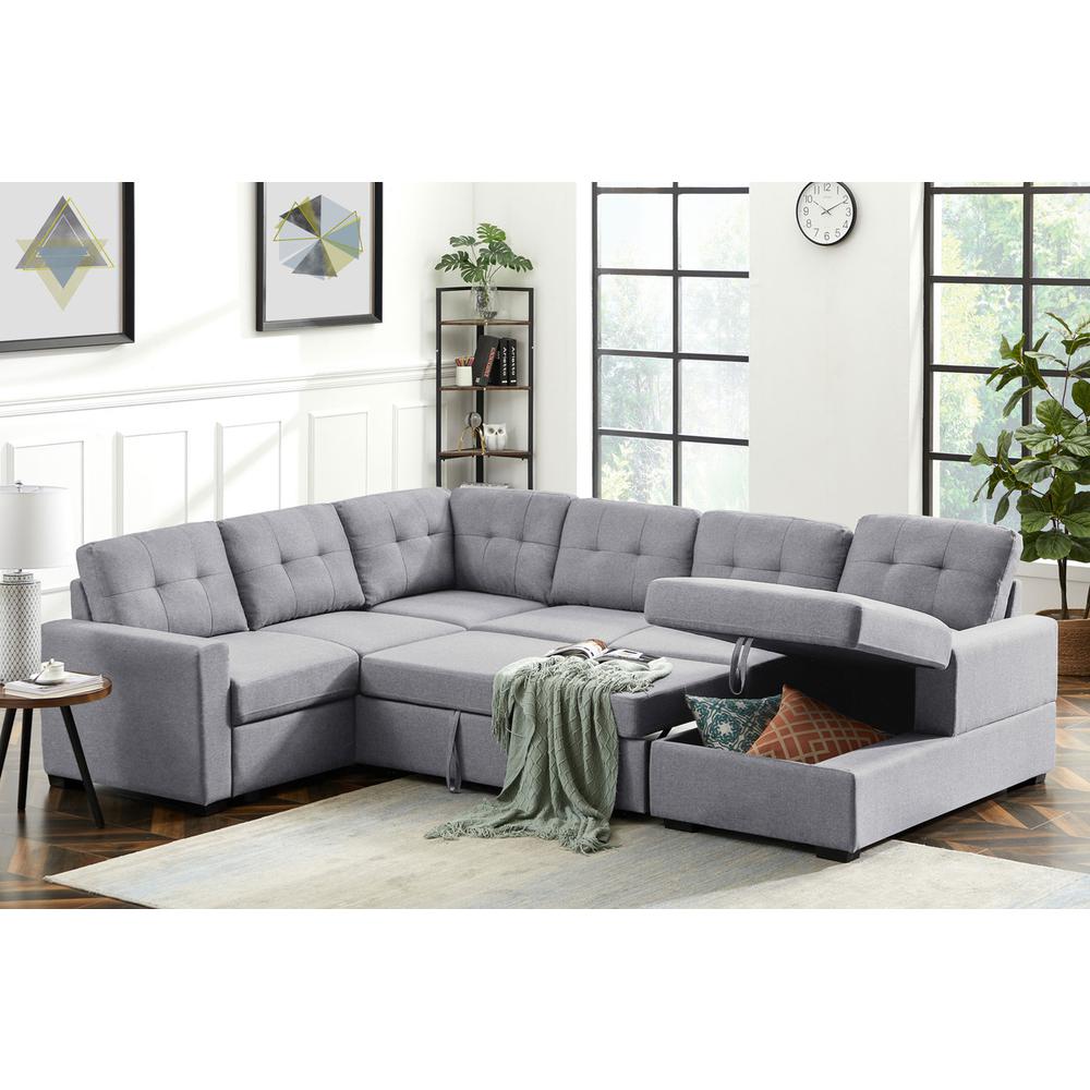Selene Light Gray Linen Fabric Sleeper Sectional Sofa with Storage Chaise By Lilola Home | Sofas | Modishstore-4