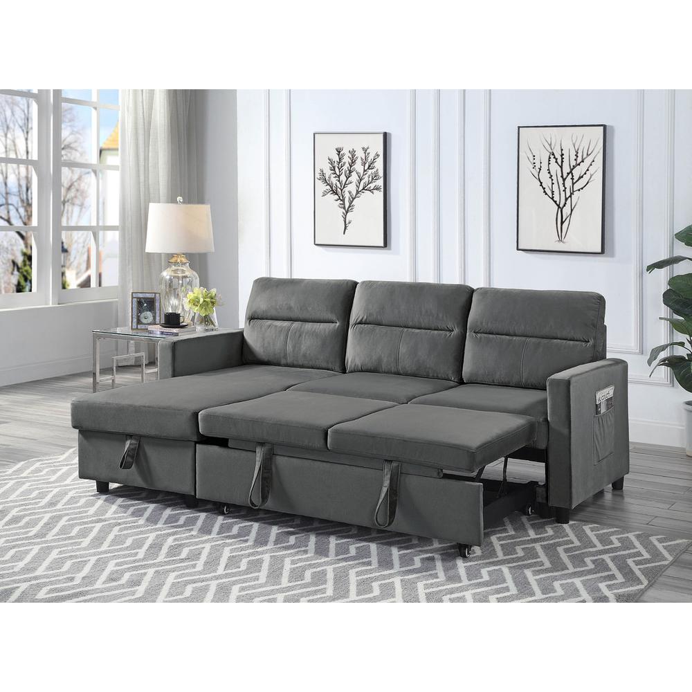 Ivy Dark Gray Velvet Reversible Sleeper Sectional Sofa with Storage Chaise and Side Pocket By Lilola Home | Sofas | Modishstore-2