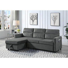 Ivy Dark Gray Velvet Reversible Sleeper Sectional Sofa with Storage Chaise and Side Pocket By Lilola Home