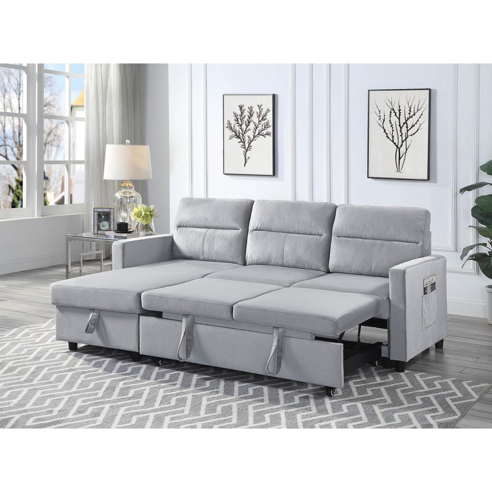 Ivy Dark Gray Velvet Reversible Sleeper Sectional Sofa with Storage Chaise and Side Pocket By Lilola Home | Sofas | Modishstore-9