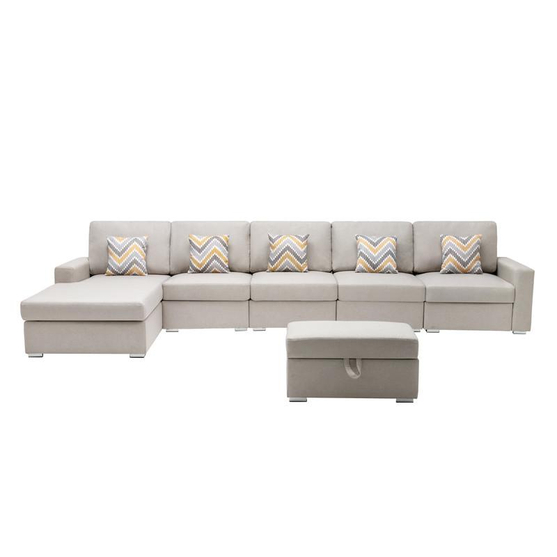 Nolan Beige Linen Fabric 6Pc Reversible Sectional Sofa Chaise with Interchangeable Legs, Pillows and Storage Ottoman By Lilola Home | Sofas | Modishstore-3