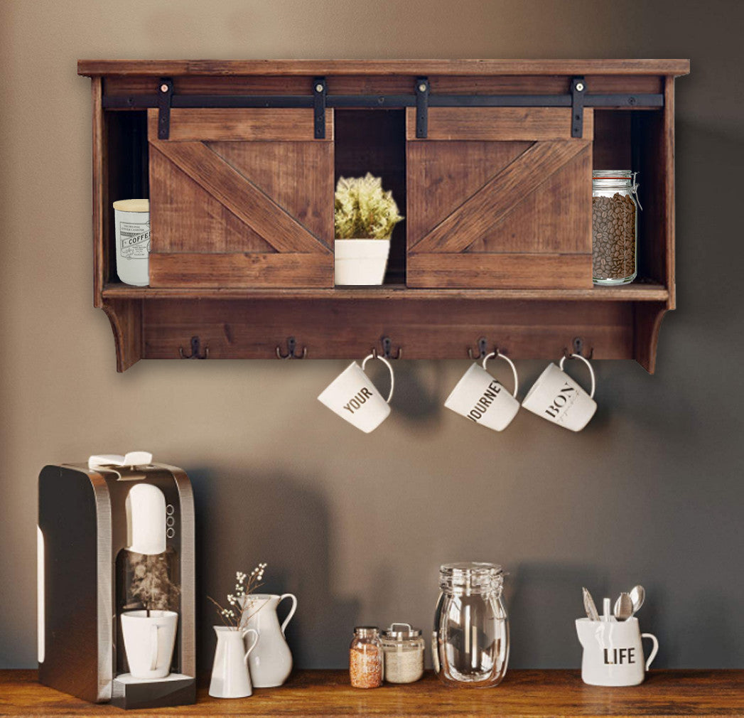Rustic Wooden Shelf with Barn Door Storage and Hooks By Homeroots