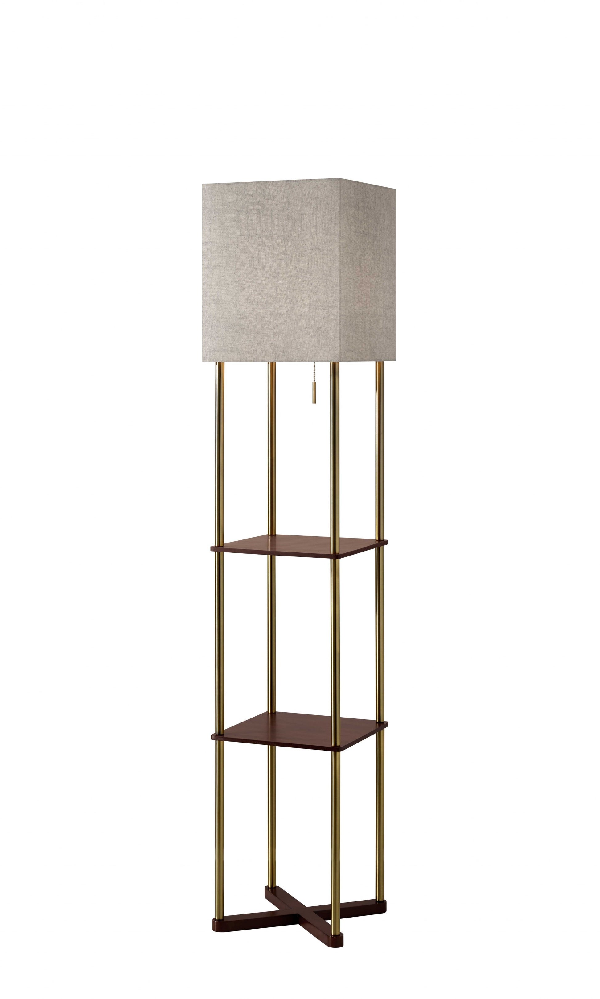 Floor Lamp with Antique Brass Poles and Walnut Wood Finish Storage Shelves with Two USB Ports By Homeroots | Floor Lamps | Modishstore