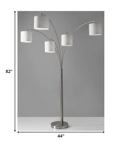 Five Light Floor Lamp Brushed Steel Arc Arms and Petite White Drum Shades | Floor Lamps | Modishstore - 3