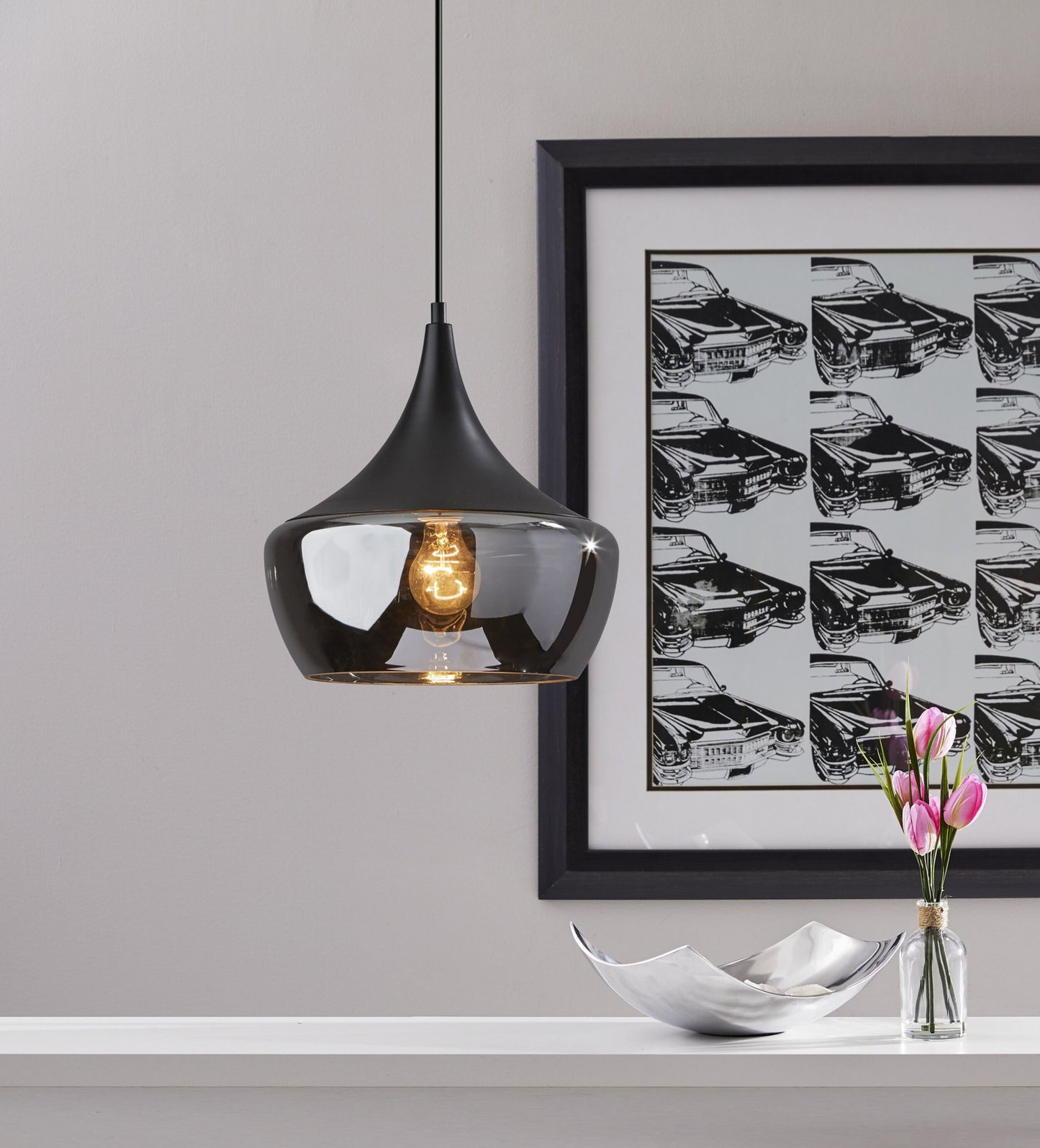 Gnome Smoked Glass Black Metal Pendant Lamp By Homeroots | Pendant Lamps | Modishstore - 3