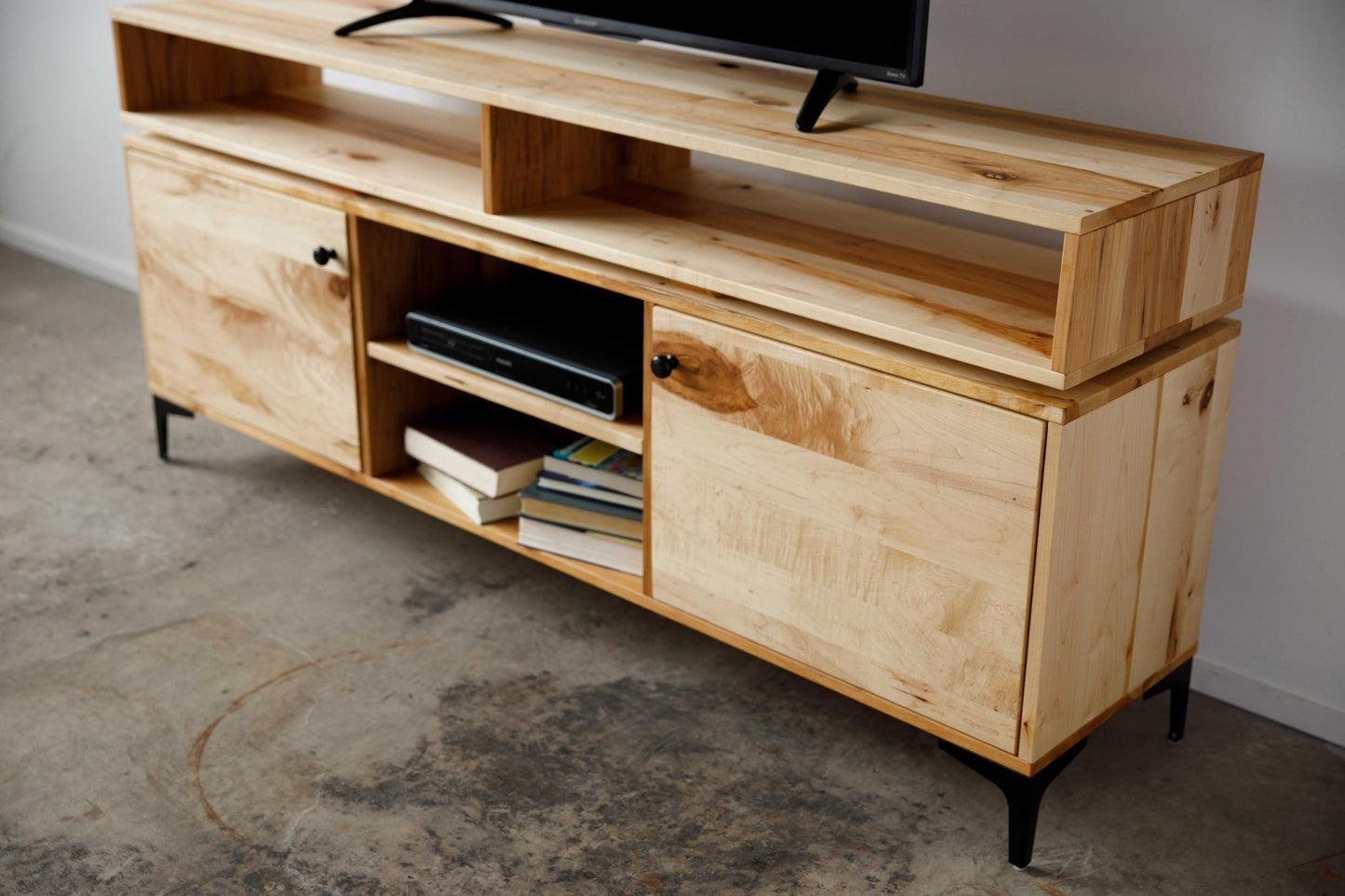 Natural Maple And Steel Multi Compartment TV Stand or Media Center By Homeroots | TV Stands | Modishstore - 4