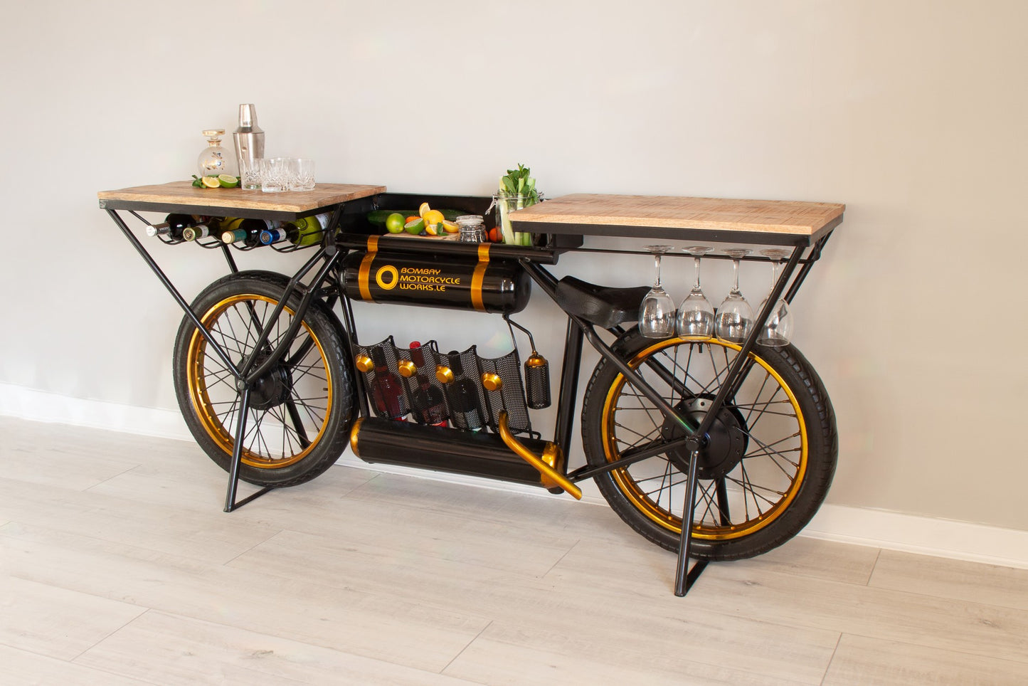Black And Gold Metal Mango Wood Bike Bar Counter By Homeroots | Bar Carts | Modishstore - 6