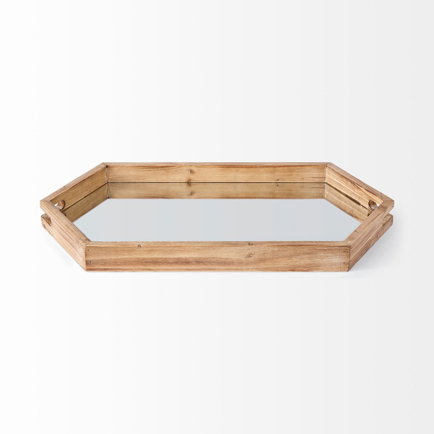 Natural Polished Wood Mirror Glass Lined Top Tray By Homeroots | Trays | Modishstore - 2