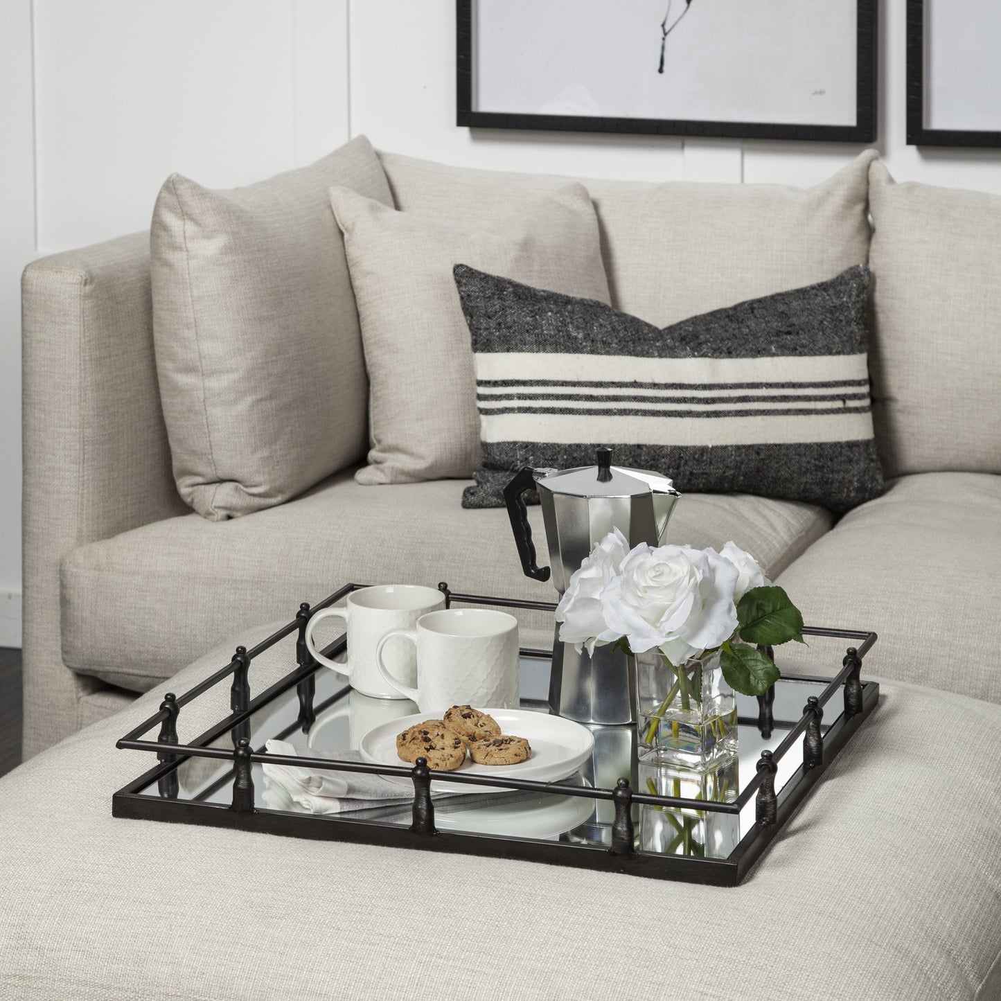 Natural Finish Metal With Mirrored Glass Bottom And Railing Handle Tray By Homeroots | Trays | Modishstore - 6