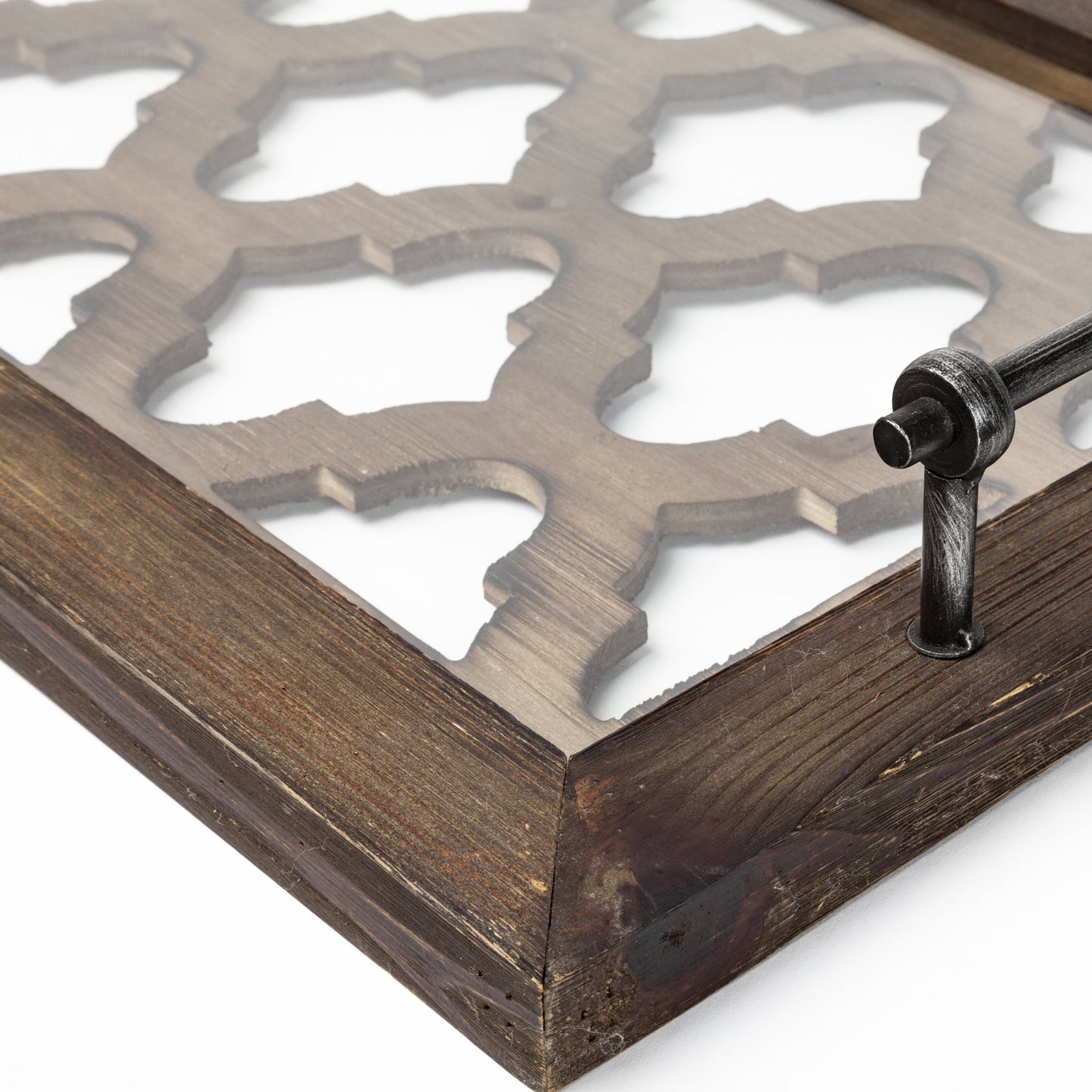 Medium Brown Wood With Metal Quatrefoil Pattern Glass Bottom Tray By Homeroots | Trays | Modishstore - 4