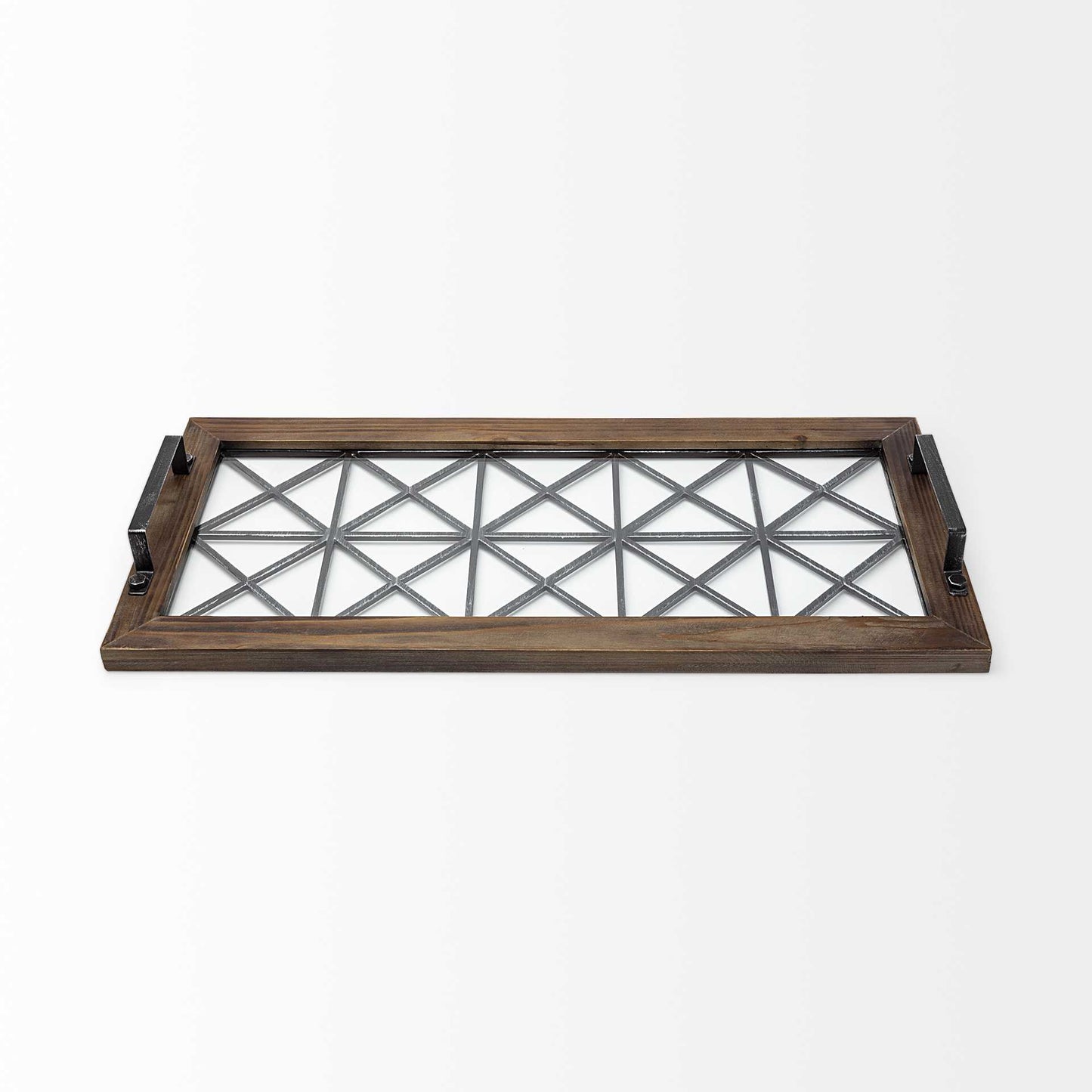 Brown Wood With Geometrically Metal Frame And Glass Bottom Tray By Homeroots | Trays | Modishstore - 2