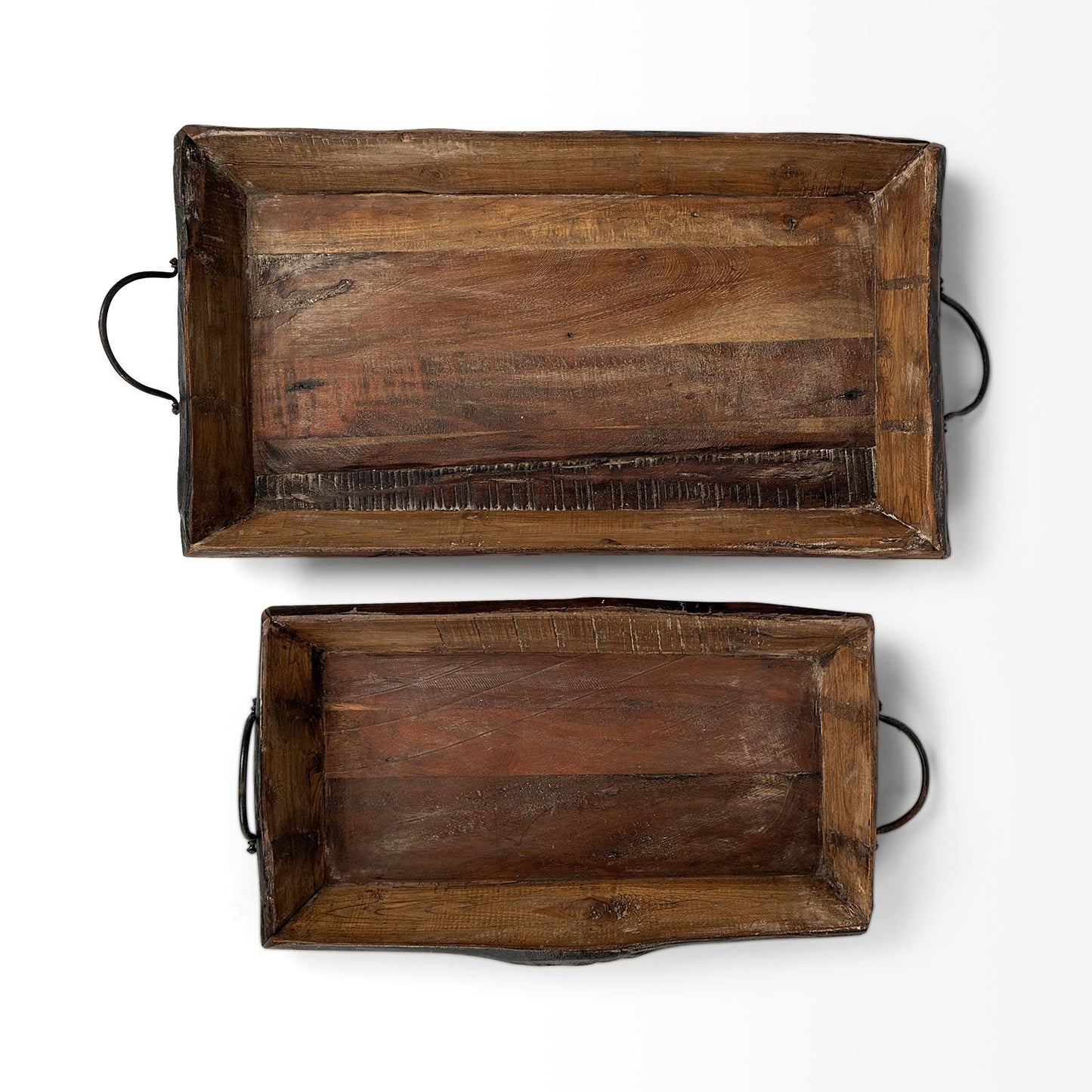 Set Of 2 Medium Brown Recycled Wood With Flaunt Metal Handles Trays By Homeroots | Trays | Modishstore - 4