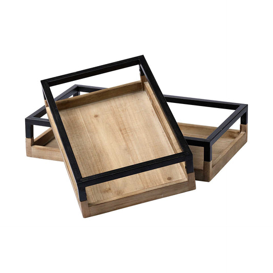 Set Of 2 Natural Finish With Black Nesting Wood Accent Trays By Homeroots | Trays | Modishstore
