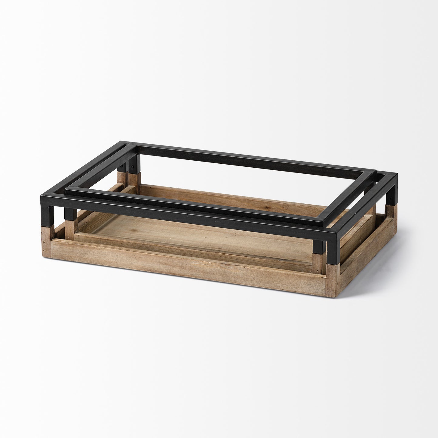 Set Of 2 Natural Finish With Black Nesting Wood Accent Trays By Homeroots | Trays | Modishstore - 2