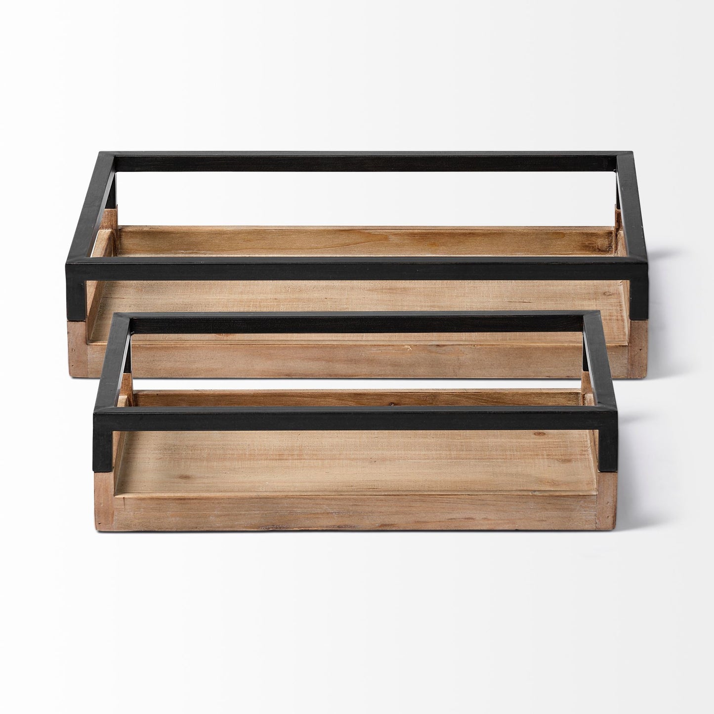 Set Of 2 Natural Finish With Black Nesting Wood Accent Trays By Homeroots | Trays | Modishstore - 3