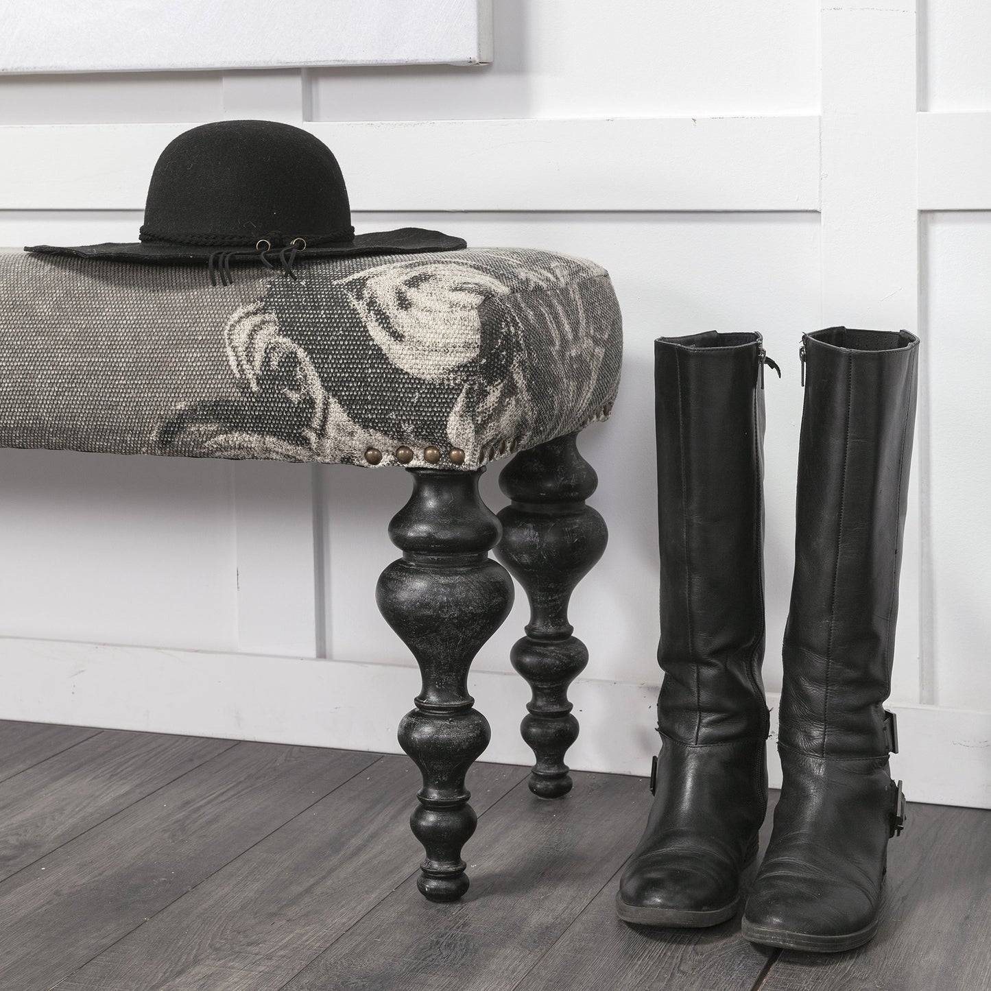 Rectangular Dark Wood and Gray Floral Accent Bench By Homeroots | Benches | Modishstore - 4