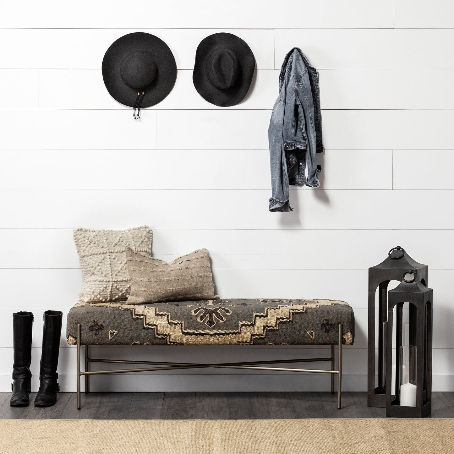 Rectangular MetalAntiqued-Nickel Toned Base W Upholstered Tan Pattered Seat Accent Bench By Homeroots | Benches | Modishstore - 6