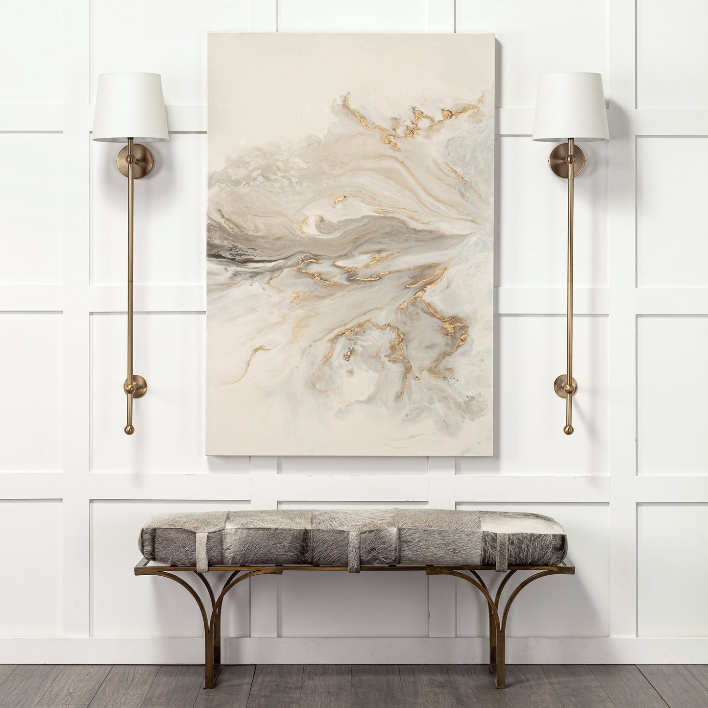 Rectangular MetalAntique Brass W Grey-Toned Hair-On-Leather Seat Accent Bench By Homeroots | Benches | Modishstore - 2