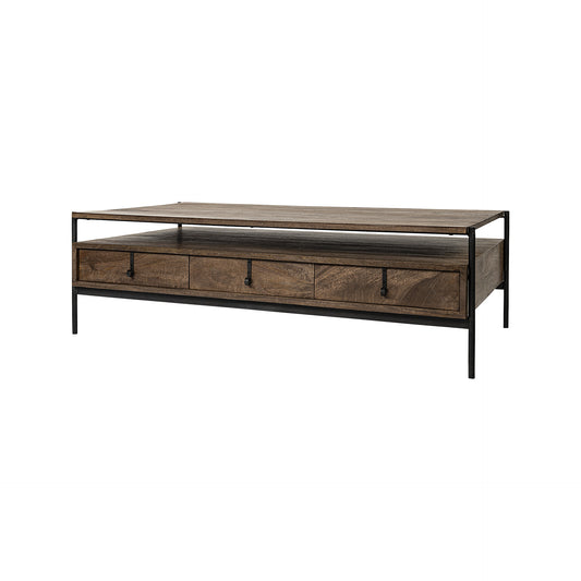 Rectangular Solid Wood and Black Metal Coffee Table w 3 Drawers By Homeroots