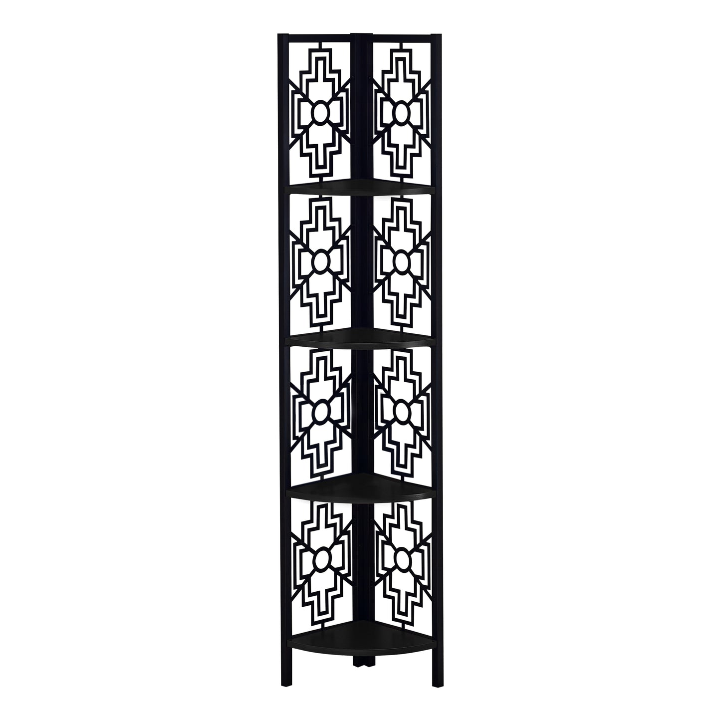 62" Bookcase with 4 Solid Black Shelves and Black Metal Corner Etagere By Homeroots | Bookcases | Modishstore