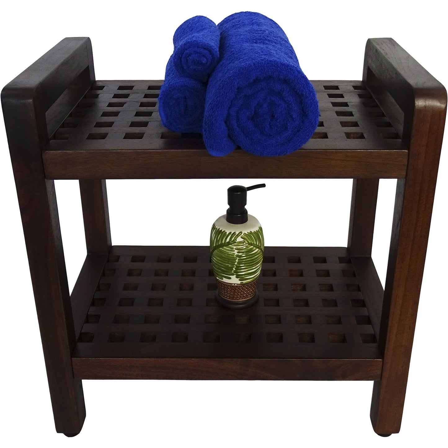 Teak Lattice Pattern Shower Stool with Shelf and Handles in Brown Finish By Homeroots | Outdoor Stools & Benches | Modishstore - 6
