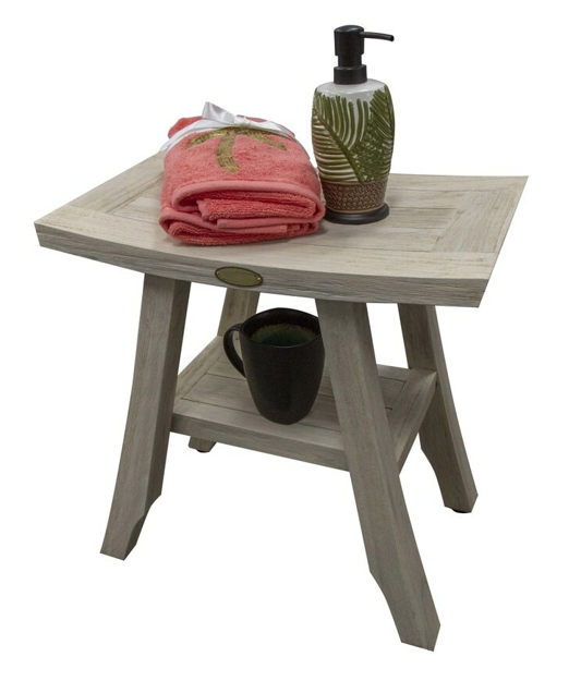 Compact Square Teak Shower Stool with Shelf in White Finish By Homeroots | Outdoor Stools & Benches | Modishstore - 4