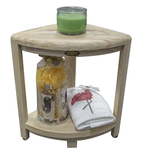 Compact Teak Corner Shower Stool with Shelf in Whitewash Driftwood By Homeroots | Outdoor Stools & Benches | Modishstore - 4
