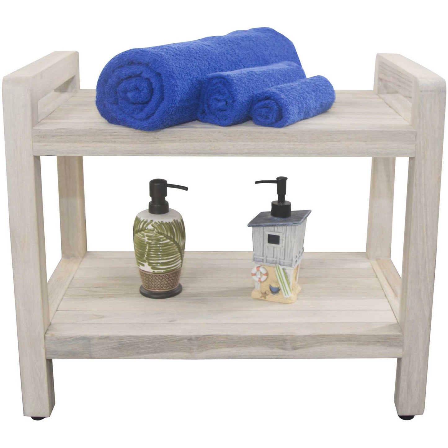 Rectangular Teak Shower Bench with Shelf and Handles in White Finish By Homeroots | Outdoor Stools & Benches | Modishstore - 3