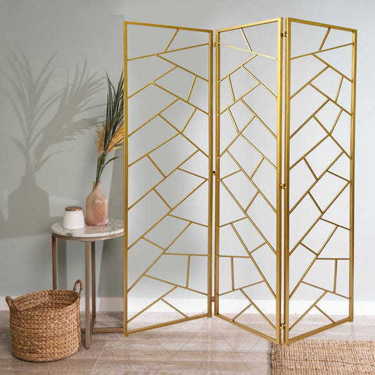 Golden Abstract Geo Three Panel Room Divider Screen By Homeroots | Room Dividers | Modishstore - 3