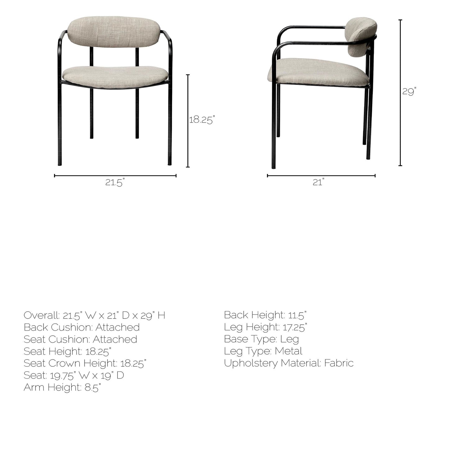 Beige Fabric Seat With Gun Metal Grey Iron Frame Dining Chair By Homeroots | Dining Chairs | Modishstore - 9