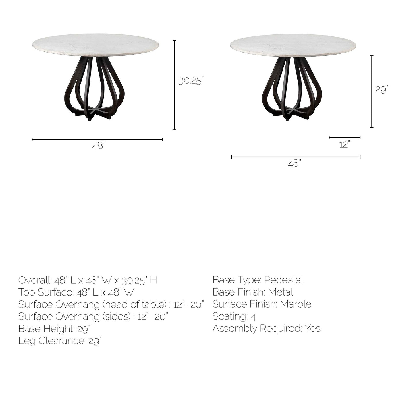 48' Round White Marble Top Black Base Dining Table By Homeroots | Dining Tables | Modishstore - 6
