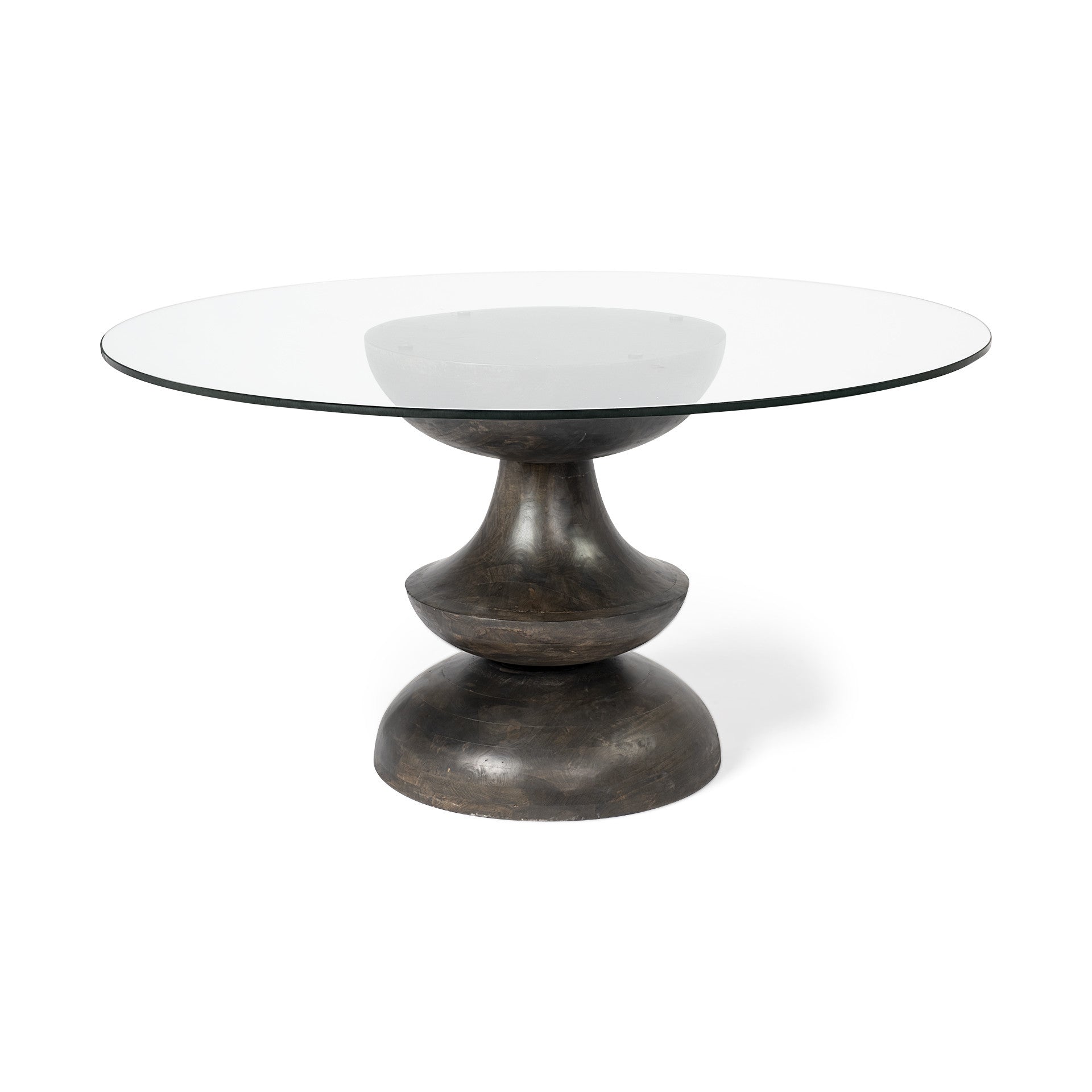 60' Round Glass Top Brown Wood With Pedestal Base Dining Table By