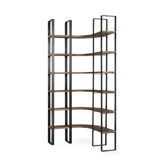 Curved Dark Brown Wood And Black Iron 6 Shelving Unit By Homeroots | Shelves & Shelving Units | Modishstore