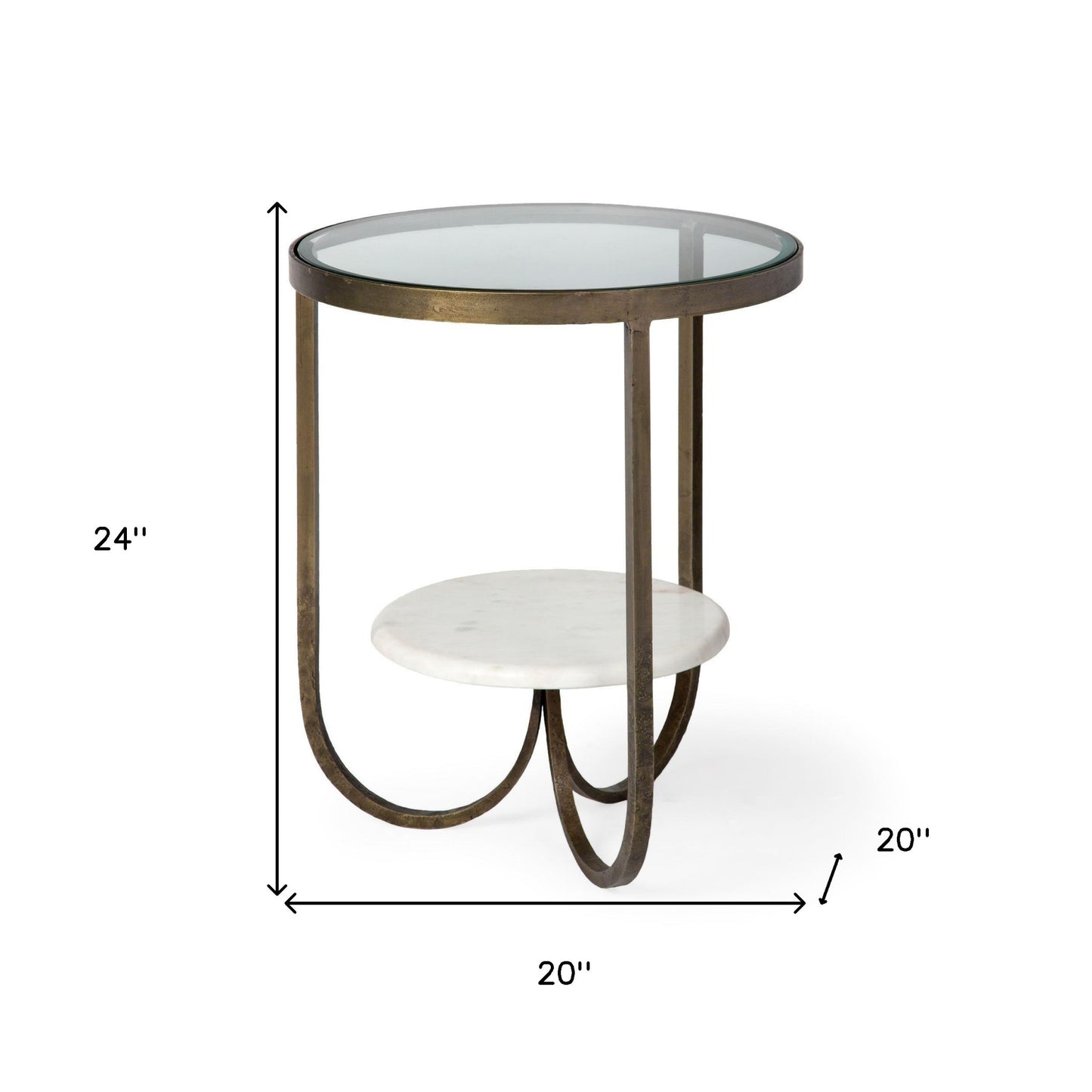 Round Glass Top Metal Side Table with Marble Shelf on Bottom By Homeroots | Side Tables | Modishstore - 7