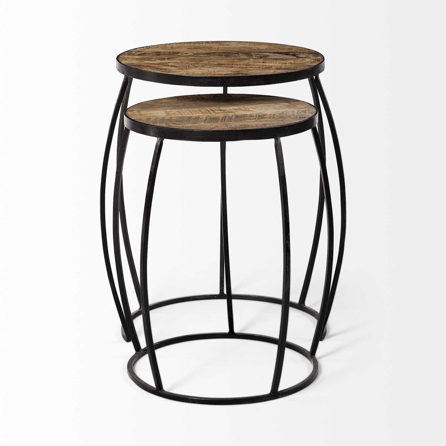 Set of 2 Medium Brown Wooden Round Top Accent Tables with Black Metal Frame Nesting Tables By Homeroots