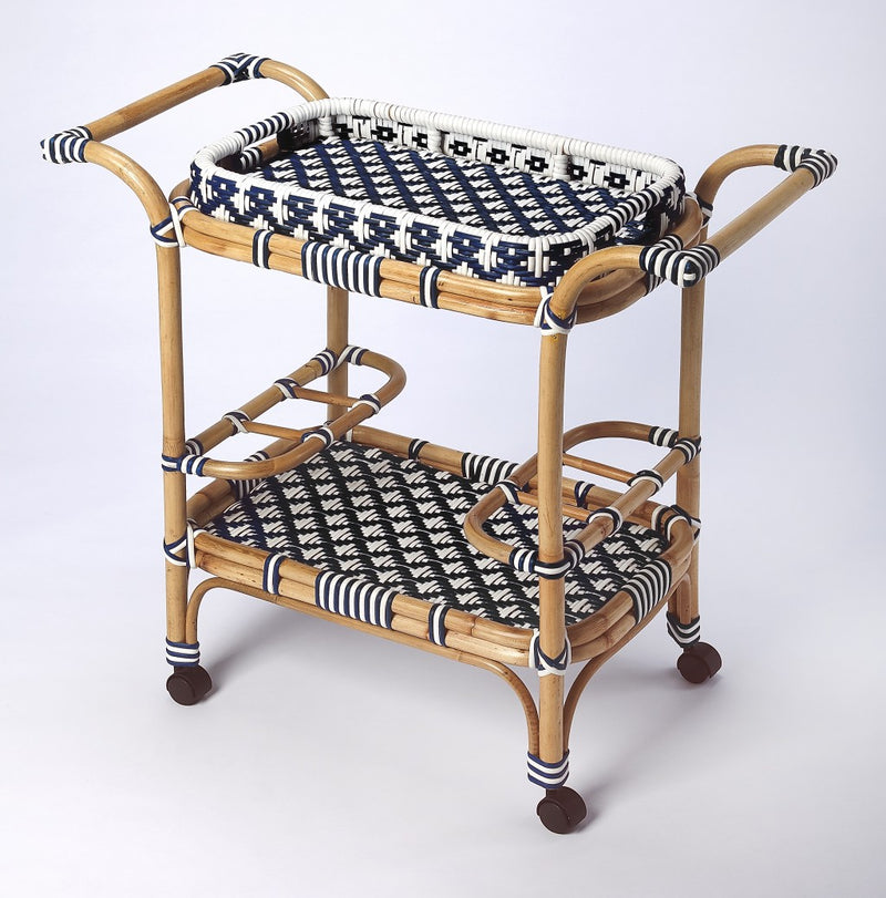 Blue And White Rattan Bar Cart By Homeroots | Bar Carts | Modishstore