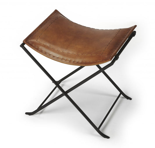 Foldable Brown Leather Stool By Homeroots | Stools | Modishstore