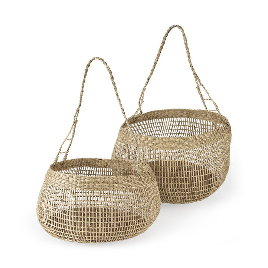 Set of Two Wicker Storage Baskets with Long Handles By Homeroots | Bins, Baskets & Buckets | Modishstore