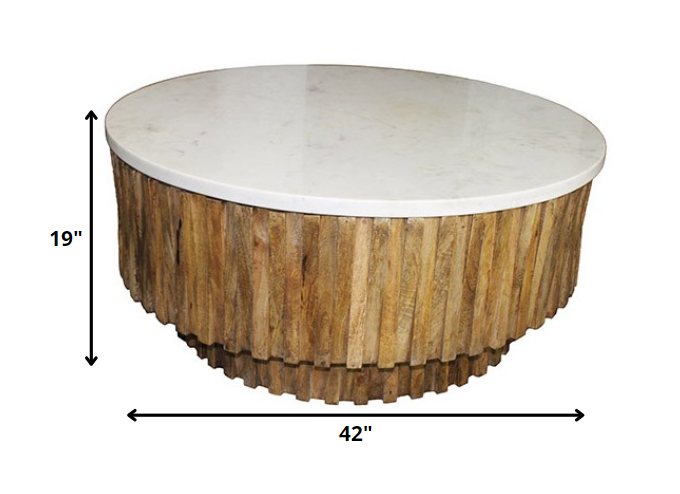 Round Marble Top and Wooden Strips Coffee Table By Homeroots | Coffee Tables | Modishstore - 5