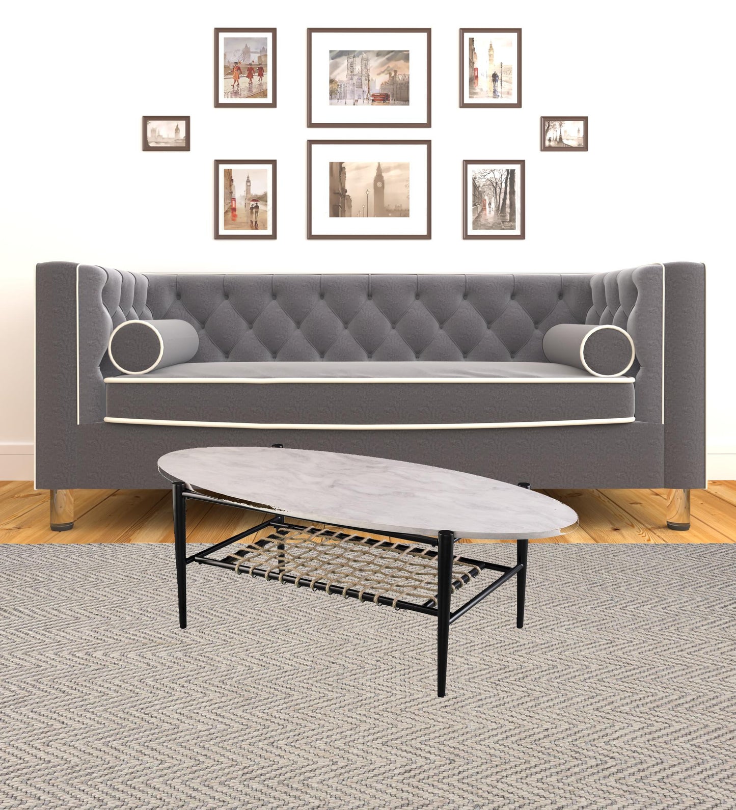 52" Black and White Metal and Faux Marble Boho Rope Oval Coffee Table By Homeroots | Coffee Tables | Modishstore - 9