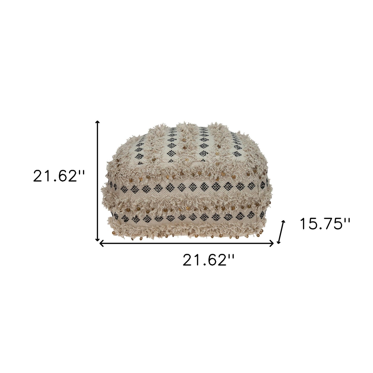 Boho Fringed Beige and Black Handwoven Pouff Ottoman By Homeroots | Ottomans | Modishstore - 6