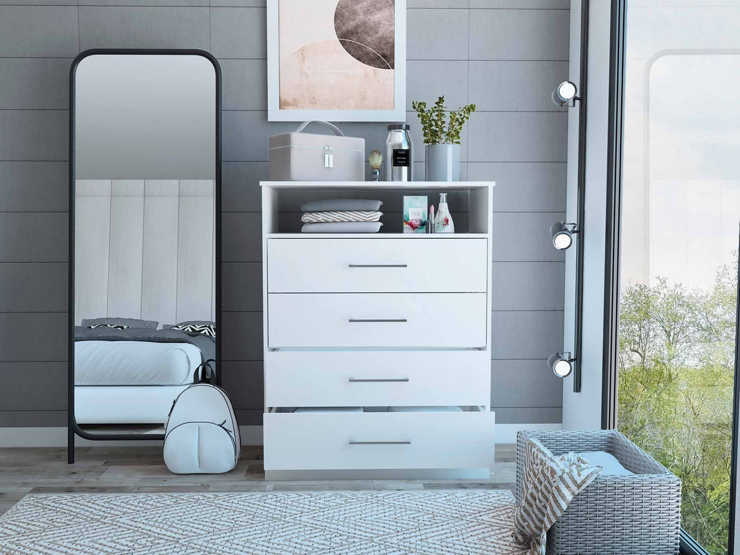 Modern White Four Drawer Dresser With Hutch By Homeroots | Dressers | Modishstore - 4