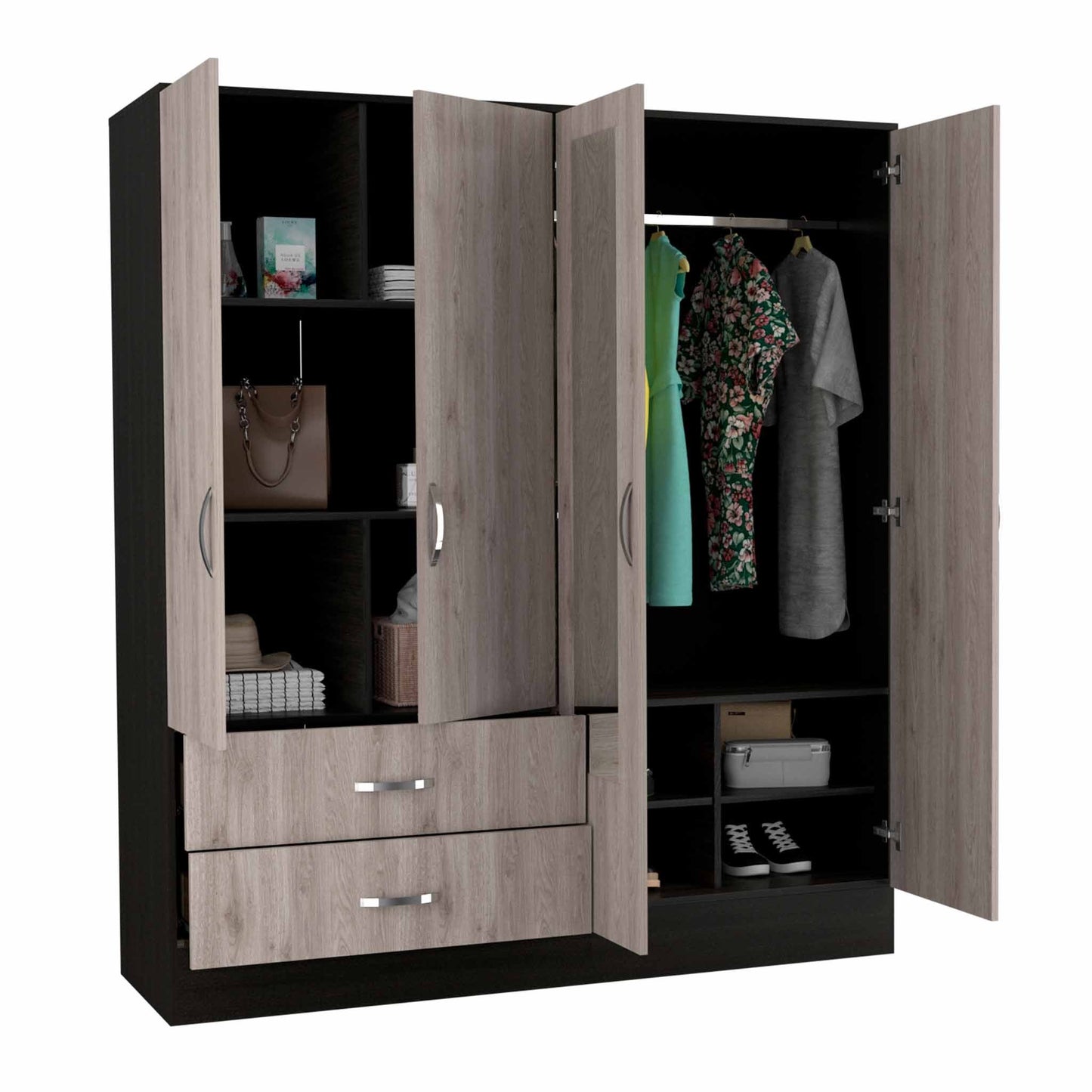 Light Oak and Black Four Door Wardrobe Closet with Mirrors By Homeroots | Armoires & Wardrobes | Modishstore - 6
