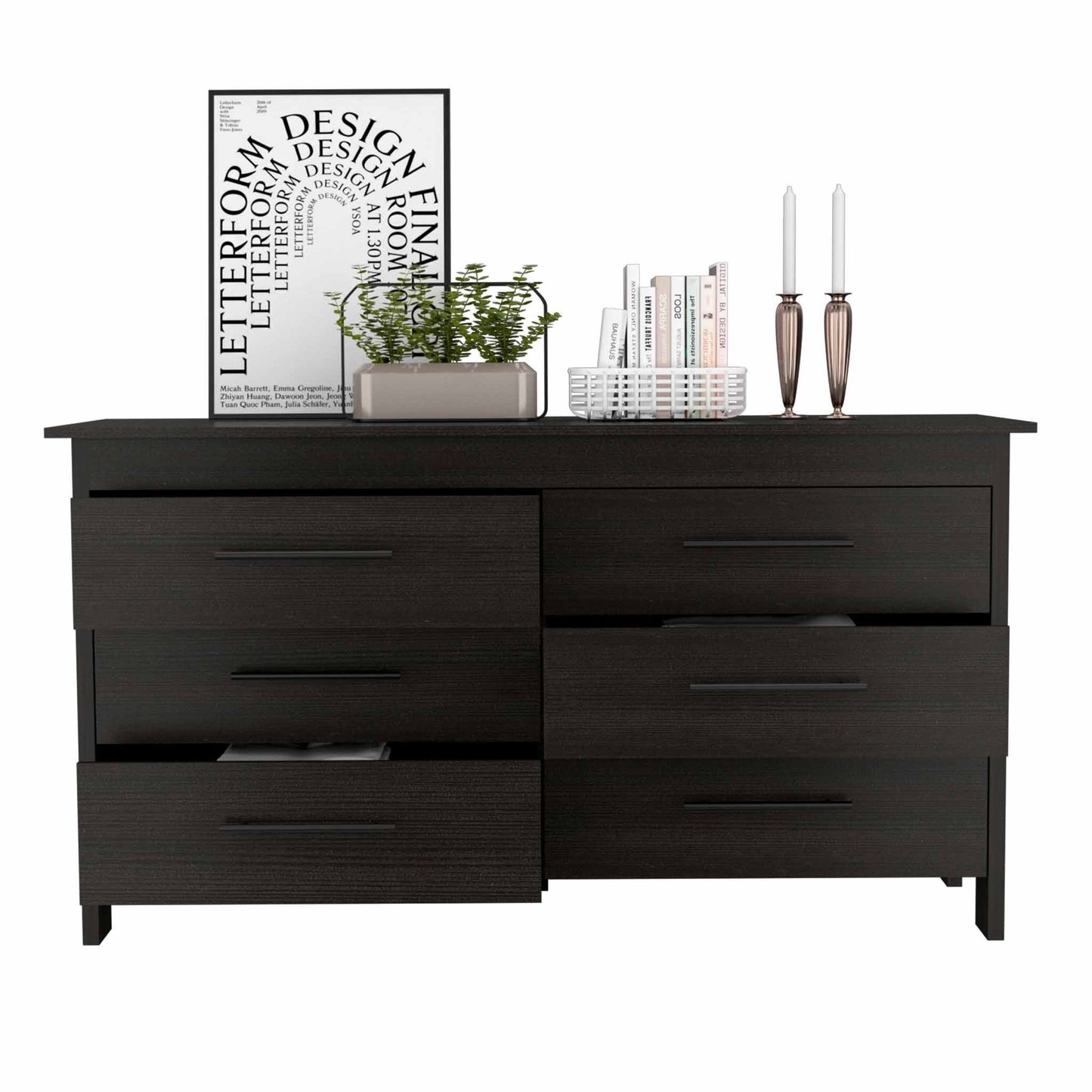 58" Black Six Drawer Double Dresser By Homeroots | Dressers | Modishstore - 6