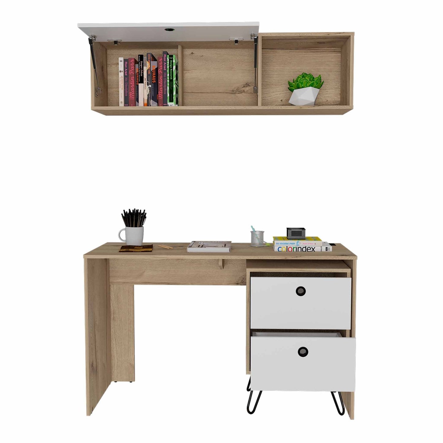 Mod White and Natural Two Piece Desk and Shelve Set By Homeroots | Desks | Modishstore - 5