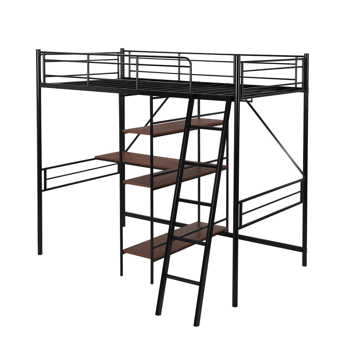 Black Twin Size Metal Loft Bed With Desk And Shelves By Homeroots | Beds | Modishstore - 9