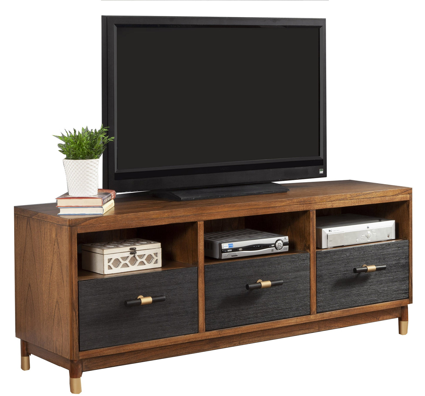 Walnut and Black Mid Century Modern TV Console By Homeroots | TV Stands | Modishstore - 3