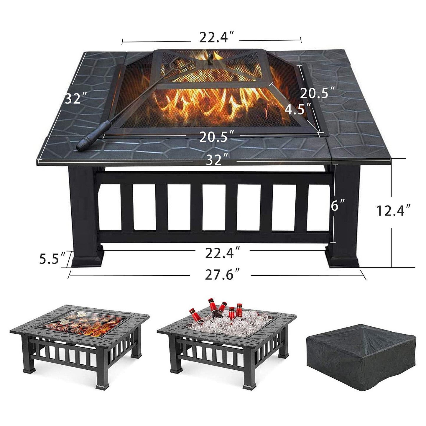 32" Gray Square Charcoal or Wood Burning Fire Pit with Cover By Homeroots | FIRE PITS | Modishstore - 7